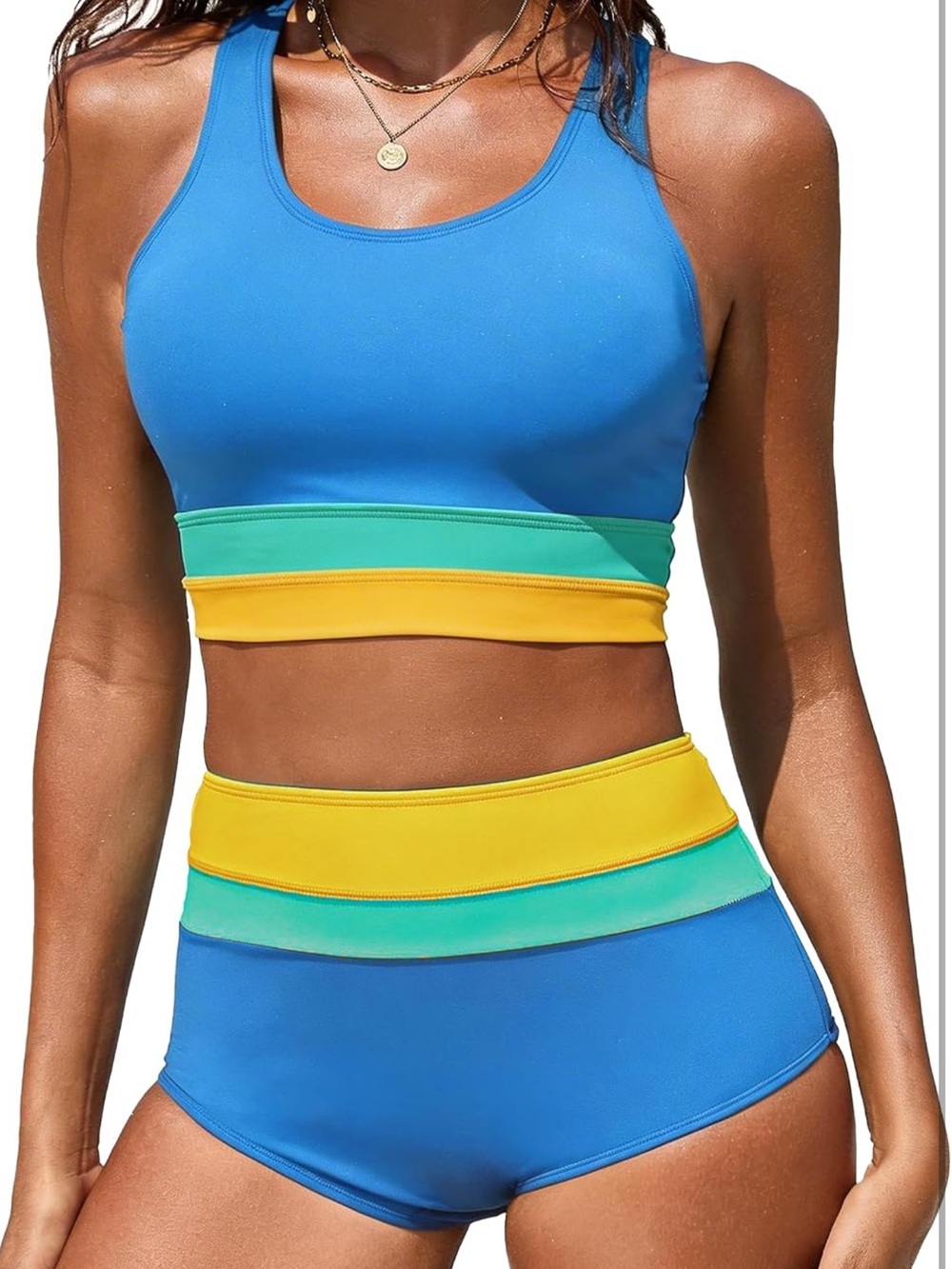 NWT Blue Colorblock High-Waist Bikini Set with Yellow & Green Bands SIZE XL